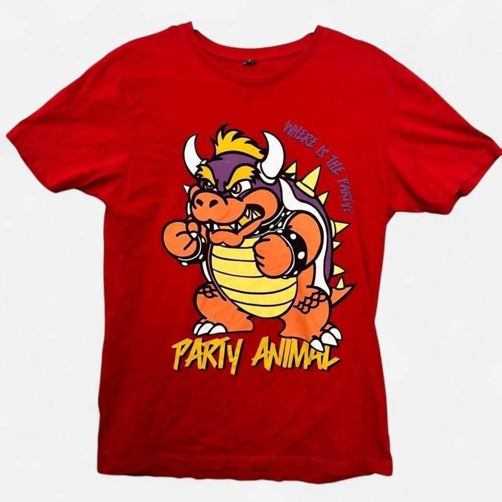 Nintendo Bowser Party Animal Graphic Tee Red‎ Sz M Y2K Gamer Streetwear 90s
